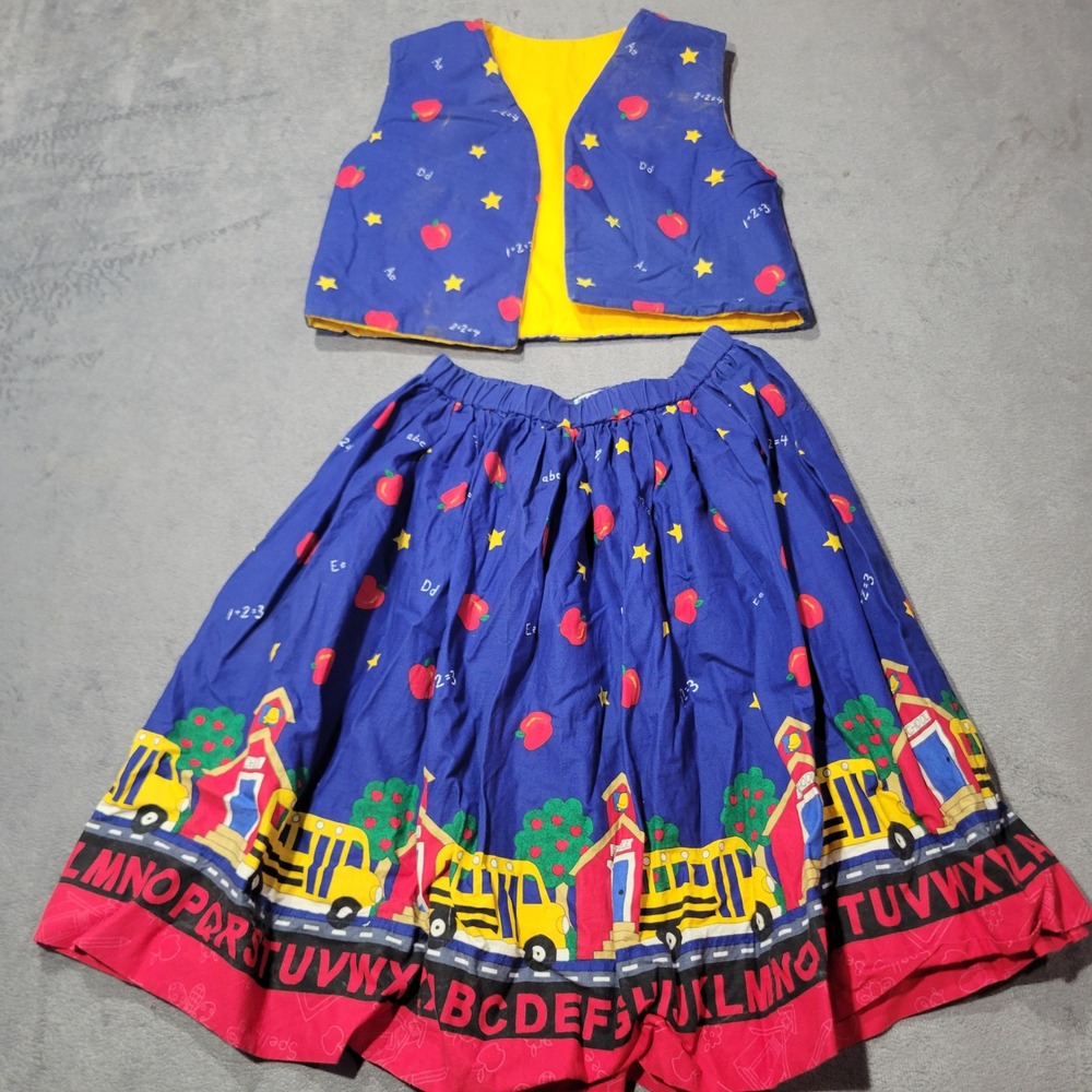 Handmade Skirt Vest Girls 8 Blue Yellow School Bus Apple Alphabet Back to School